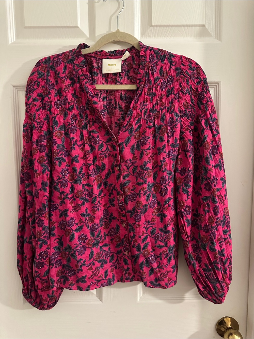 Maeve Fuchsia Floral Smocked-Yoke Blouse
